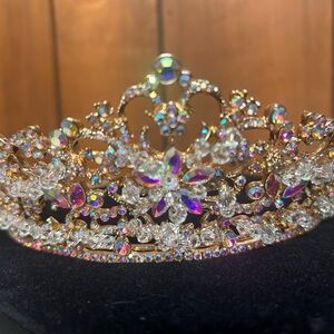 Elegant Gold and AB iridescent Crystal Tiara